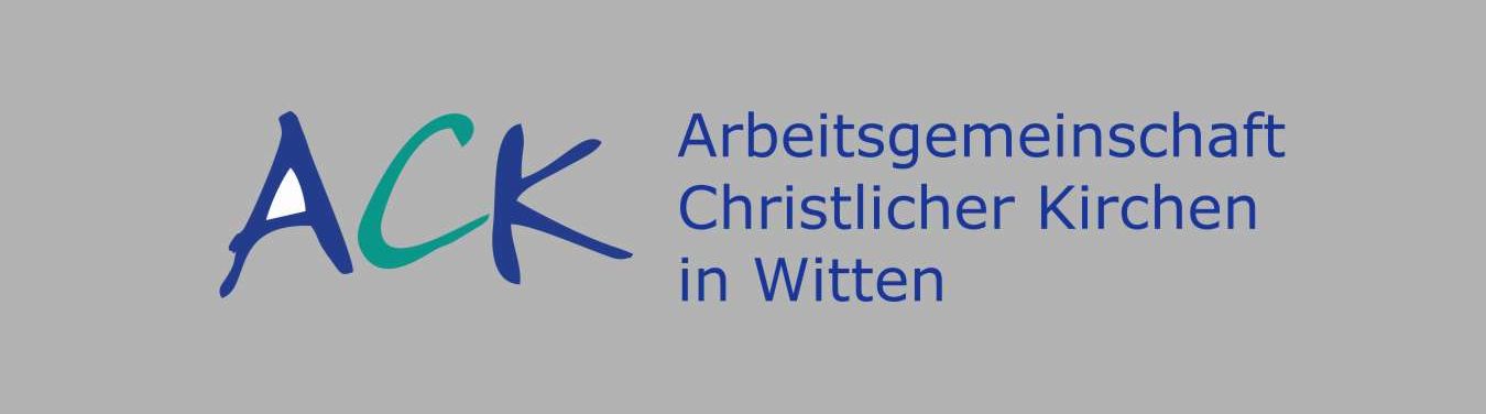 Schriftzug auf hellgrauem Hintergrund: blauer Buchstabe "A", grün-blauer Buchstabe "C", blauer Buchstabe "K", rechts daneben ausgeschrieben: Arbeitsgemeinschaft Christlicher Kirchen in Witten